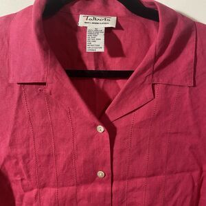 Talbots 100% Irish Linen Womens Sz 10 Button Up Shirt Pink Vacation Beach Resort